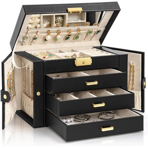 4-Tier Leather Jewelry Box with 3 Drawers Lockable Mirror and Organizer - 1 of 4