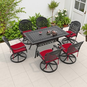 7-Piece Rectangle Cast Aluminum Outdoor Patio Dining Set with Swivel Chairs & Red Cushions - 1 of 4