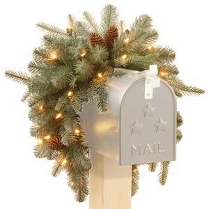 National Tree Company 36" Frosted Arctic Spruce Mailbox Swag with Battery Operated Warm White LED Lights - 1 of 4