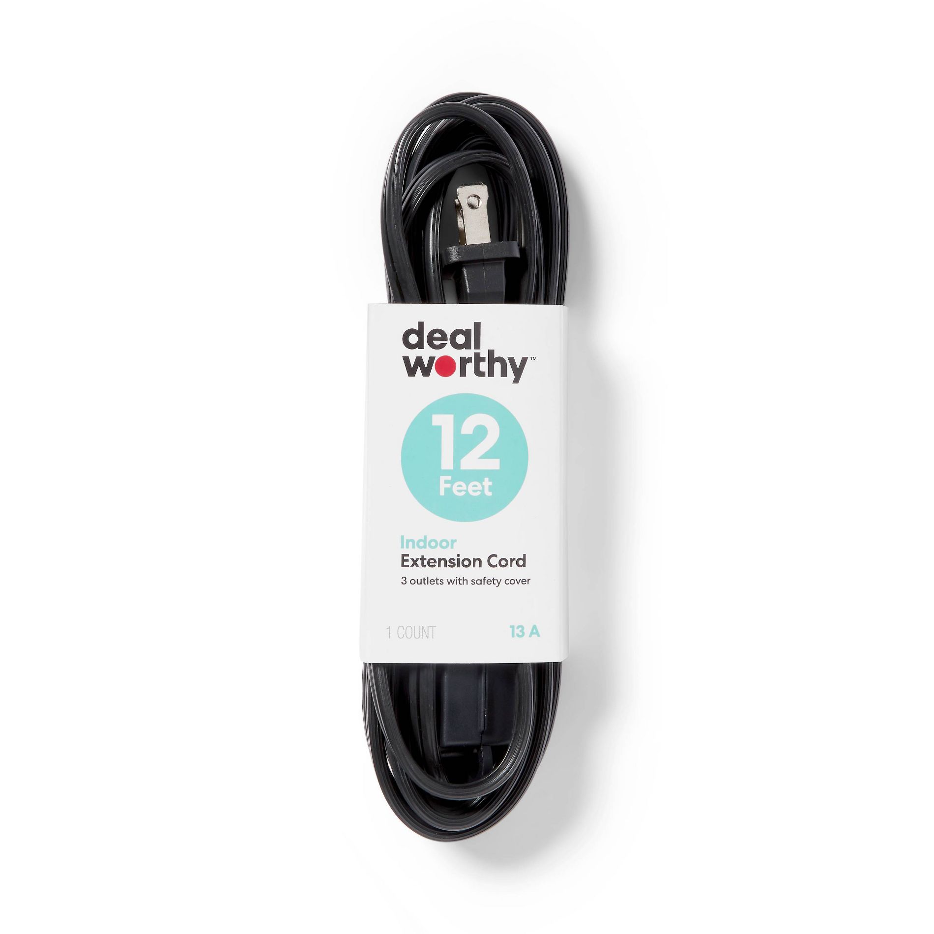12' Indoor Cord 4 with 3 Outlets and Sliding Safety Cover Black - Dealworthy™