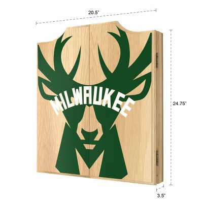 Milwaukee Bucks Wood Dartboard Cabinet Set with Steel Tip Darts