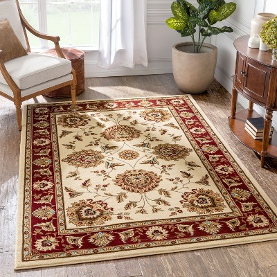 Ivory and Red Floral Oriental 5' x 7' Synthetic Area Rug