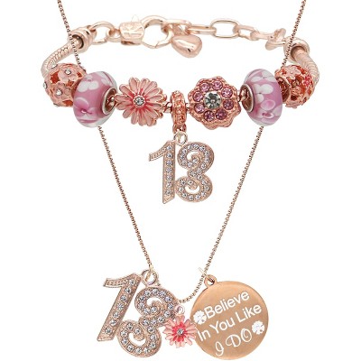 Meant2tobe 15th Birthday Gifts for Girls 15th Birthday Charm Bracelet and Necklace, Pink