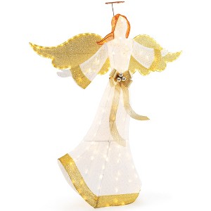 Tangkula 5.2 FT Outdoor Christmas Lighted Angel Xmas Pre-lit 3D Winged Angel with Halo Wings & 180 Warm White LED Lights Bow & Ground Stakes - 1 of 4