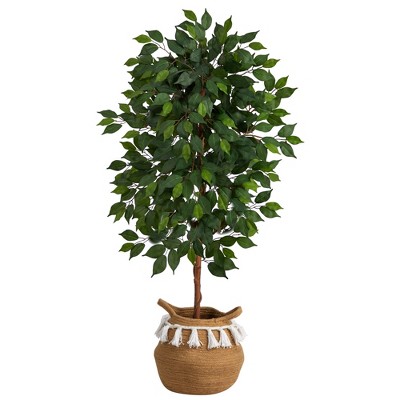 Nearly Natural 4-ft Artificial Ficus Tree with Handmade Jute & Cotton Basket with Tassels