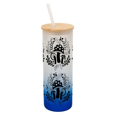 Elanze Designs Woodland Mushroom Flowers Wrap-Around Design 25 Ounce Frosted Gradient Glass On-The-Go Coffee Travel Skinny Tumbler Mug Cup, Bamboo Lid