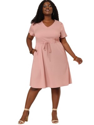 Agnes Orinda Women's Plus Size Tie Waist Short Sleeve Solid Chambray Casual Shirt Dresses
