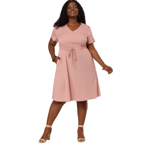 Agnes Orinda Women's Plus Size Tie Waist Short Sleeve Chambray Pink 4x Target
