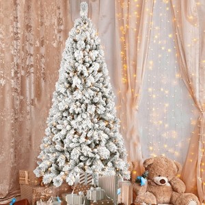 4FT Flocked Christmas Tree with 150 Warm White LED Lights – 350Tips, Snowy PVC & Hard Needle Branches, Hinged Design for Easy Setup - 1 of 4
