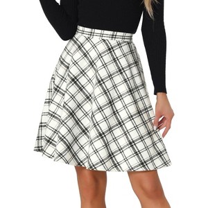Women's Vintage Plaid A-Line Skirt - Tartan Knee Length Skirt with Elastic Waist White - 1 of 4