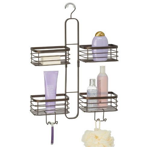 Silver Stainless Steel & Bamboo Hanging Caddy - Over-The-Head Shower  Organizer with Hooks & Suction Cups