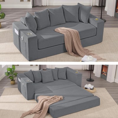 QingMoon Pull Out Loveseat Sofa, Foldable Floor Couch Bed, Corduroy Boneless Sofa with 5 Pillows, Side Pocket, Cup Holders for Living Room, Bedroom