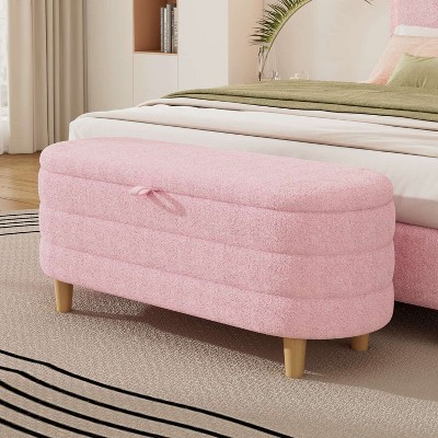 CAVINAS Oval Storage Ottoman Bench,Upholstered Ottoman with Wood Legs for Living Room,Bedroom,White/Pink