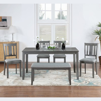 MAYEERTY 6-pc Kitchen Dining Set - Rect Wooden Table, 4 Fabric Chairs & Bench, Gray - Seats 6