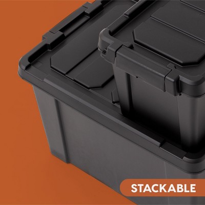 Black Heavy Duty Stackable Plastic Storage Bins with Lids, 5 Gallon, 6 Pack