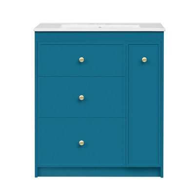 Vynxaria 30" Blue Bathroom Storage Cabinet with Ceramic Sink and Four Drawers
