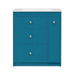 Vynxaria 30" Blue Bathroom Storage Cabinet with Ceramic Sink and Four Drawers - 1 of 4