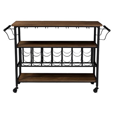 Antique Black & Weathered Oak Mobile Bar Cart with Wine Rack and Storage