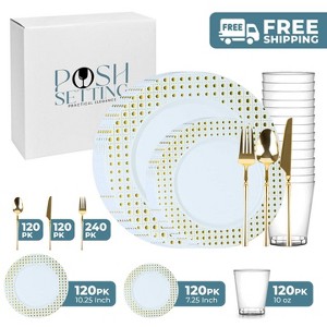 Posh Setting 840 Piece White And Gold Plastic Party Bundle - Sphere (120 Settings) - 1 of 4