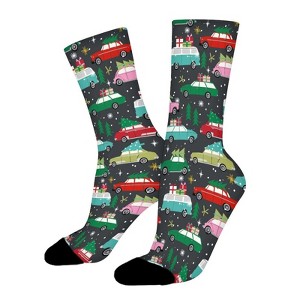 Dsane Christmas Cars With Tree Women Printed Crew Socks Funny Funky Socks Soft Polyester Novelty Gifts for Artists Men - 1 of 1