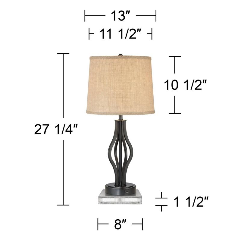 360 Lighting Heather Modern Table Lamps Set of 2 with Square Risers 27 1/4" Tall Dark Iron USB Charging Port Burlap Drum Shade for Bedroom Living Room, 4 of 7