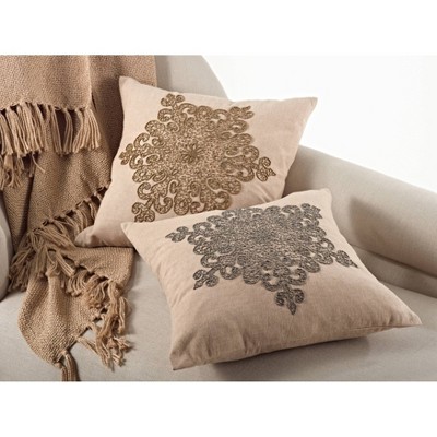 Bronze Snowflake Design Beaded Cotton Throw Pillow, 18"