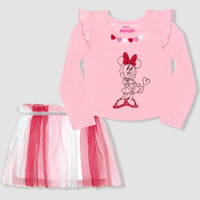 Toddler Girls' Minnie Mouse Valentine's Day Long Sleeve T-Shirt and Tutu Skirt Set - Pink