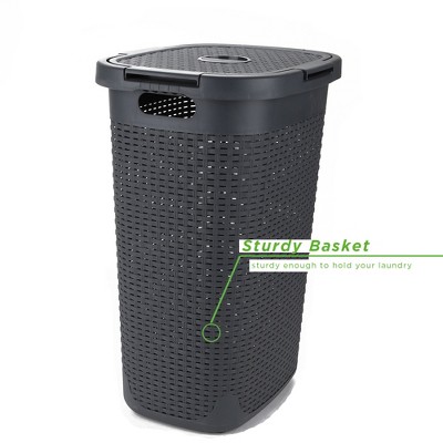 Gray Plastic Wicker Laundry Hamper with Lid and Wheels