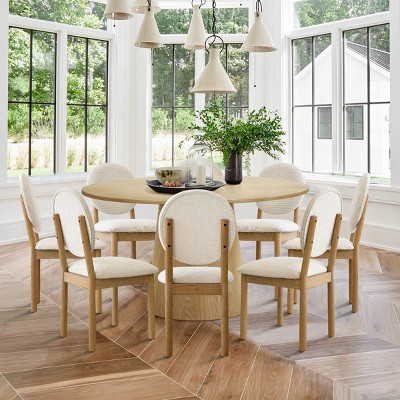 Orchid+Maye Dining Table Set, 60'' Oak Solid Wood Round Table with 8 Dining Chairs King Louis Back and Natural Wood Legs for 8 - Maison Boucle