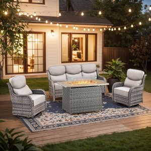 4 Pieces Wicker Outdoor Patio Rattan Sectional Conversation Set with Fire Pit Table and Patio Swivel Glider Chairs Set - 1 of 4