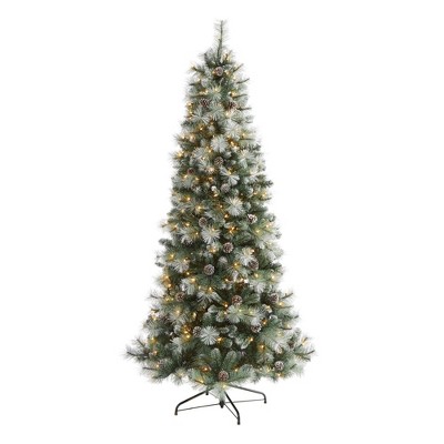 Nearly Natural Frosted Tip British Columbia Mountain Pine Artificial Christmas Tree with 400 Clear Lights, Pine Cones and 882 Bendable Branches