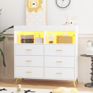 Baby Changing Table Dresser with 6 Drawers, Dresser for Bedroom with LED Lights and Power Outlet, Baby Dresser with Changing Table Top - 1 of 4