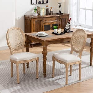 A&A Furniture,French Style Solid Wood Frame Antique Painting Linen Fabric Rattan Back Dining Chair,Set of 2,Cream,Beige - 1 of 4