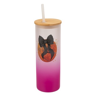 Elanze Designs 25 Ounce Frosted Glass Gradient Travel Tumbler With Straw and Wooden Lid, Basketball With Black Bow Pink
