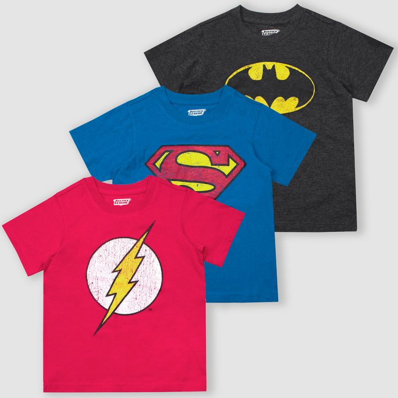 Toddler Boys' Warner Bros. DC Comics Heroes 3pk Short Sleeve T-Shirt - Gray/Pink/Blue, 1 of 2