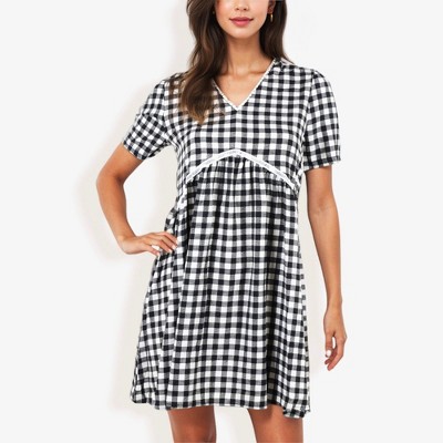 Anna-Kaci Women's Gingham V-Neck Short Sleeve Dress With Empire Waist And Lace Trim