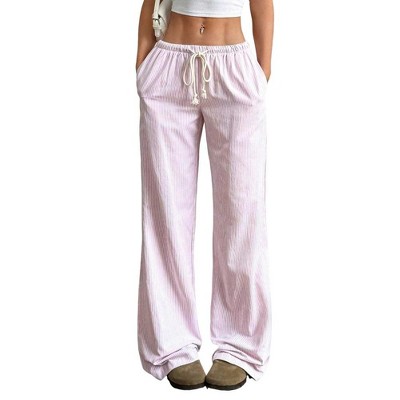 Coolmee Women Striped Pants High Waisted Wide Leg Fashion Drawstring Elastic High Waist Casual Flowy Pants