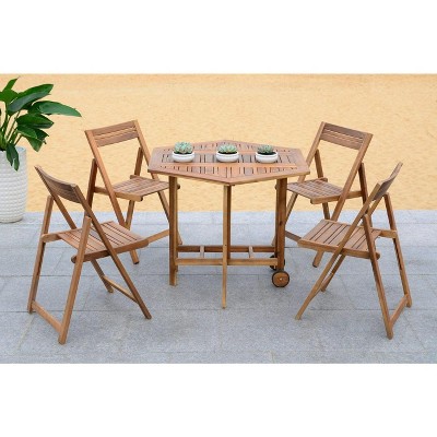 Natural Acacia Wood Round Patio Dining Set with Foldable Chairs