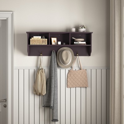 Wall-Mounted Entryway Coat Rack, Wood Shelf with 4 Dual Hooks and 3 Cubbies, Floating Storage Organizer for Hallway or Dining Room–Cuddlewood