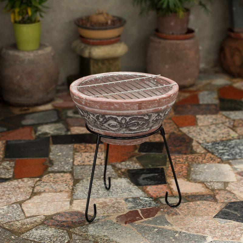 Vintiquewise Outdoor Small Red and Grey Grill Clay Fire Pit and Accent Design and Metal Stand, 3 of 9