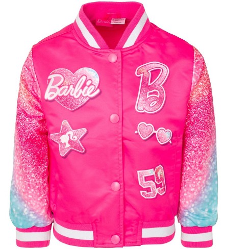 Barbie Little Girls Varsity Bomber Jacket Logo Bright Pink Glitter 5 Target