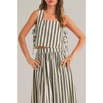 【U LAN】Mio pinstripe off-shoulder layered set Access Fashion | One-shoulder satin top side tying