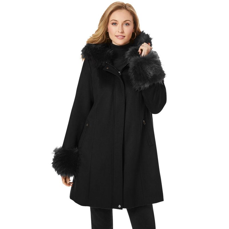 Jessica London Women's Plus Size Hooded Faux Fur Trim Coat, 1 of 2