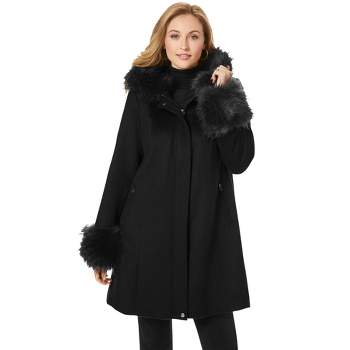 Jessica London Women's Plus Size Hooded Faux Fur Trim Coat