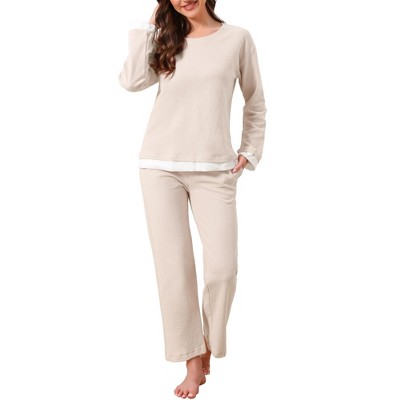 INSPIRE CHIC Women's Cotton Pajamas Waffle Long Sleeves Top and Pants with Pockets Lounge Sets