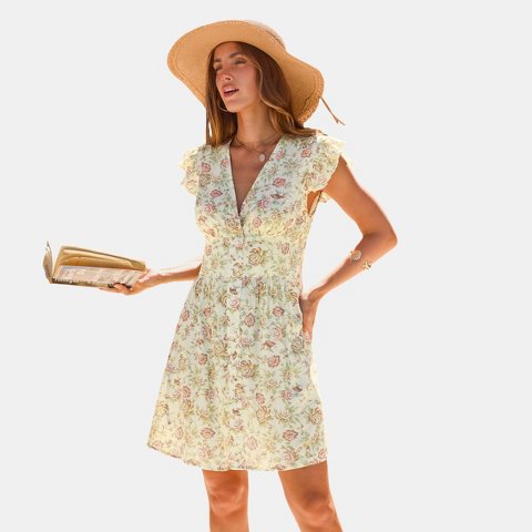 Женские платья Cupshe Women's Summer Floral V Neck A-Line Swing Mini Dress-S-Yellow