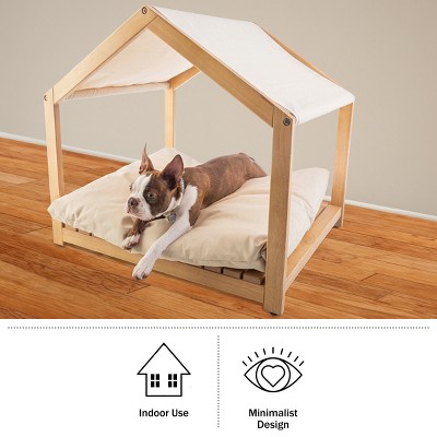Small Natural Wood Indoor Dog House with Cushion and Canopy