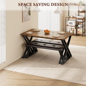 Dining Table Set for 4, Industrial Kitchen Table with 2 PU Padded Benches, Mid-Century Modern Wooden Dining Room Table - 1 of 4