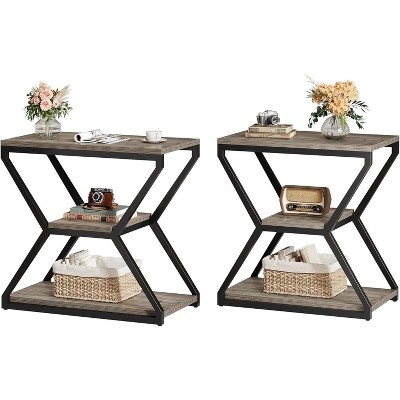 3-Tier End Side Table, Small Industrial Side Table with Storage Shelves for Living Room, Wood Accent Bedside Nightstand with Metal Frame
