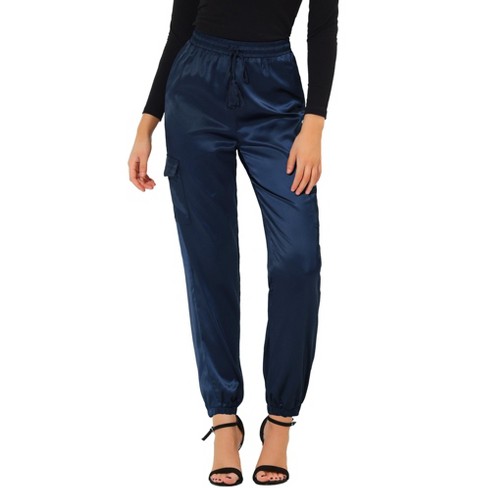 Allegra K Women's Drawstring Elastic High Rise Silky Solid Satin Pants  Royal Blue Large